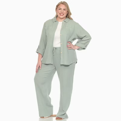 Plus Size Long Sleeve Button Down Cotton Gauze Set White 1X -White Mark | Target