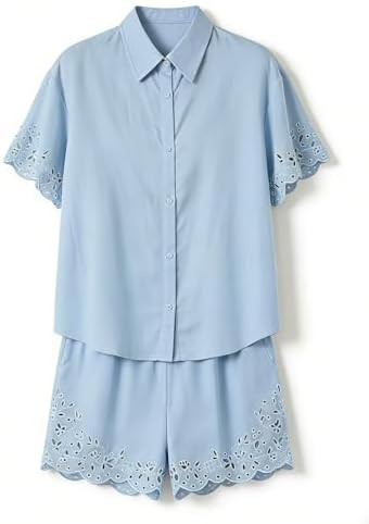 Women 2 Piece Outfits Half Sleeve Button Down Eyelet Embroidered Shirt and Wide Leg Shorts Set | Amazon (US)