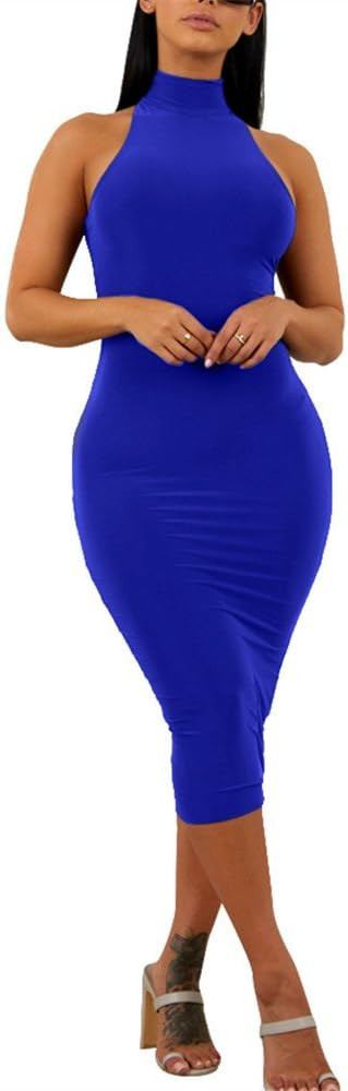 GOBLES Women's Sexy Halter High Neck Elegant Sleeveless Bodycon Midi Club Dress | Amazon (US)