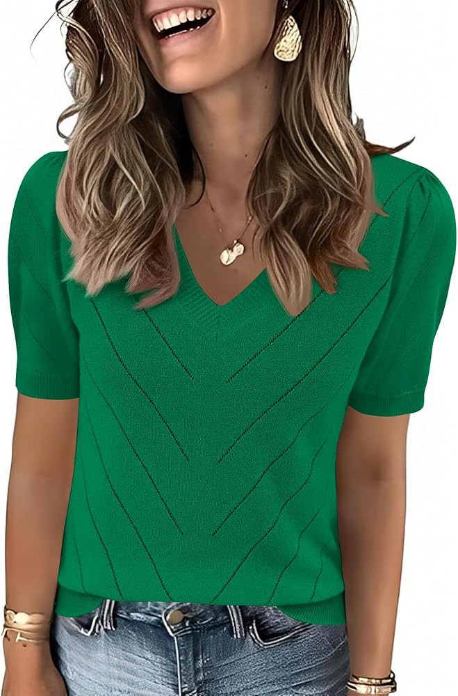 LOMON Womens Sweaters Puff Short Sleeve Lightweight Knit Summer Fall Tops Dressy V-Neck Work Blou... | Amazon (US)
