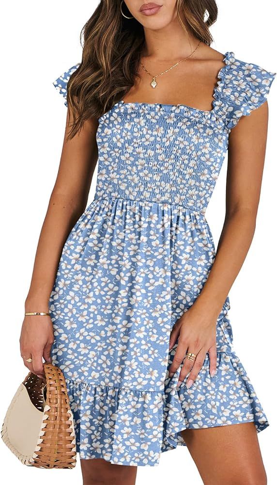 ANRABESS Womens Summer Casual Sleeveless Square Neck Smocked Ruffle Backless Boho Mini Dress 2024... | Amazon (US)