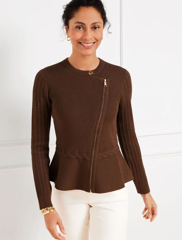 Mixed Cable Moto Sweater Jacket | Talbots