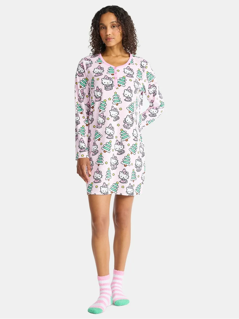 Hello Kitty Women's and Women's Plus Christmas Print Henley Sleepshirt and Plush Socks Set, 2-Pie... | Walmart (US)