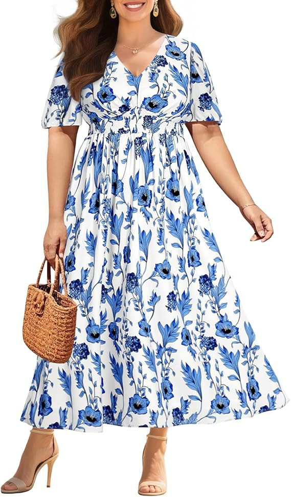 Women Plus Size Summer Dress - Easter Spring Floral Wedding Guest Maxi Long Dress | Amazon (US)