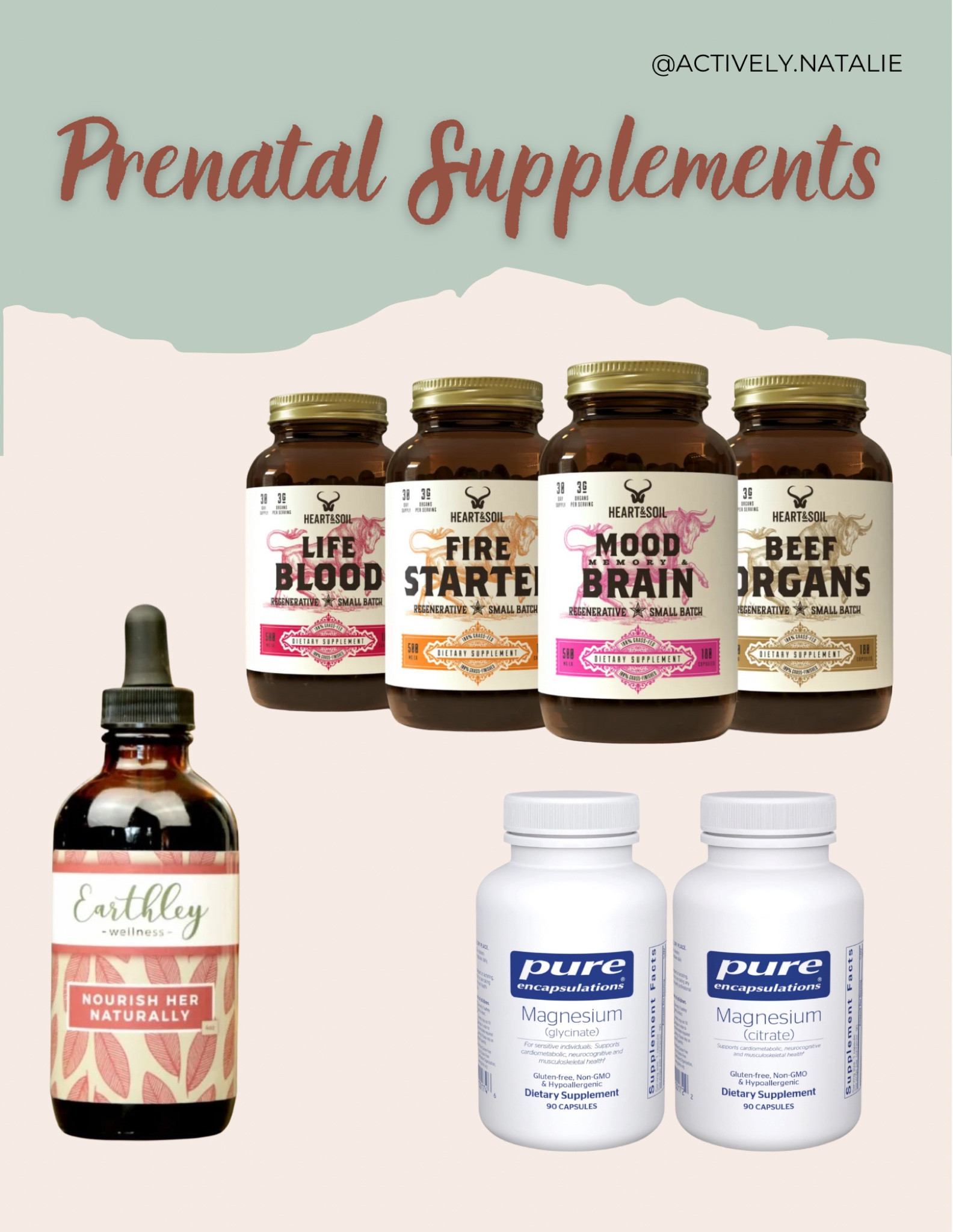 Real Food Supplements! I wasn’t able to link the whole Heart & Soil Prenatal Stack but it’s on their website! 
-beef organs (3)
-mood & brain (2)
-fire starter (2)
-life blood (1)

I lowered the dose for me personally! 

Save 10% at Earthley Wellness for herbal tinctures using code “NATALIE10"