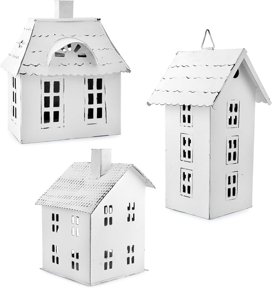 AuldHome Farmhouse Decor Tin Houses (Set of 3, White); Candle Lantern Decorative Holiday Christma... | Amazon (US)