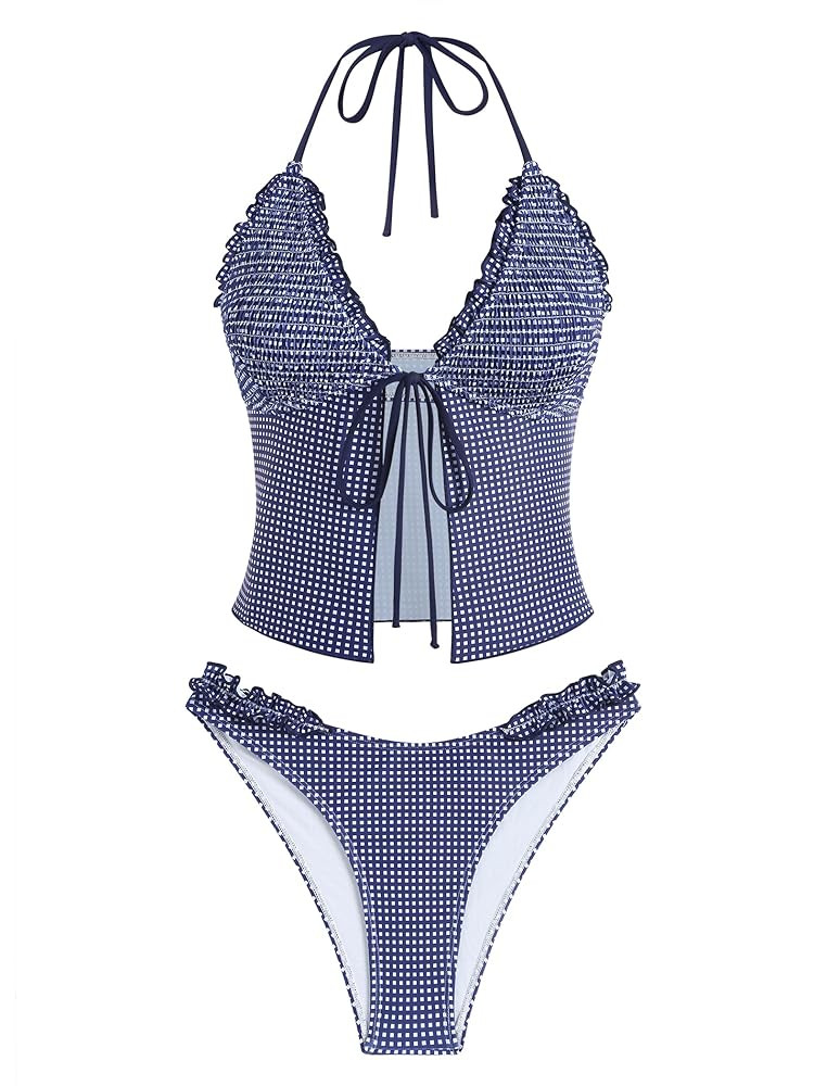 ZAFUL Tankini Swimsuits for Women Smocked Ruffles Tie Front Bowknot Textured High Cut Tanga Tanki... | Amazon (US)