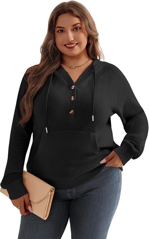 TAKEYAL Plus Size Hoodies for Women Waffle Knit Long Sleeve Drawstring Button V Neck Casual Pullo... | Amazon (US)