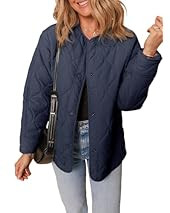 Dokotoo Womens Jacket Round Neck Long Sleeve Drop Shoulder Quilted Jackets Cotton Solid Color Open Front Button Up Warm Puffer Jacket Fall Cloth 2024 Winter Padded Coats with Pockets Blue XX-Large | Amazon (US)