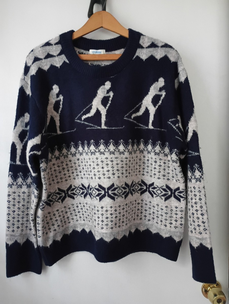 Soft Nordic X-Country Ski Navy Blue Gray Sweater Snowflake Large Cocobleu Skier | eBay US