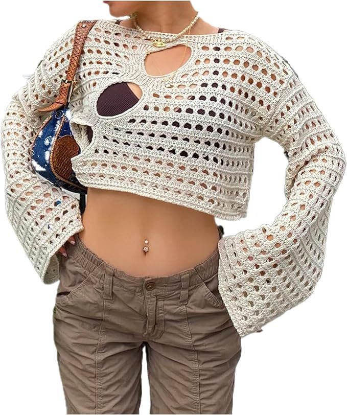 Women Hollow Out Crochet Knit Crop Tops Color Block Long Sleeve Square Neck Fall Sweaters Tops | Amazon (US)