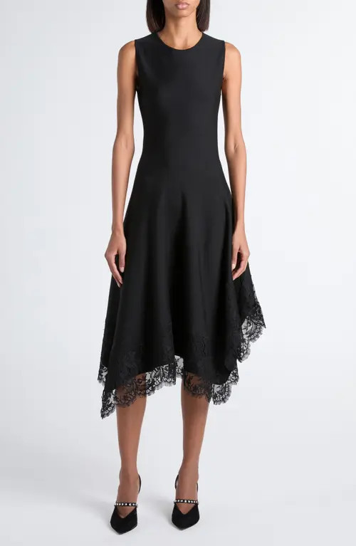 McQueen Lace Detail Asymmetric Dress in Black/Black at Nordstrom, Size Small | Nordstrom