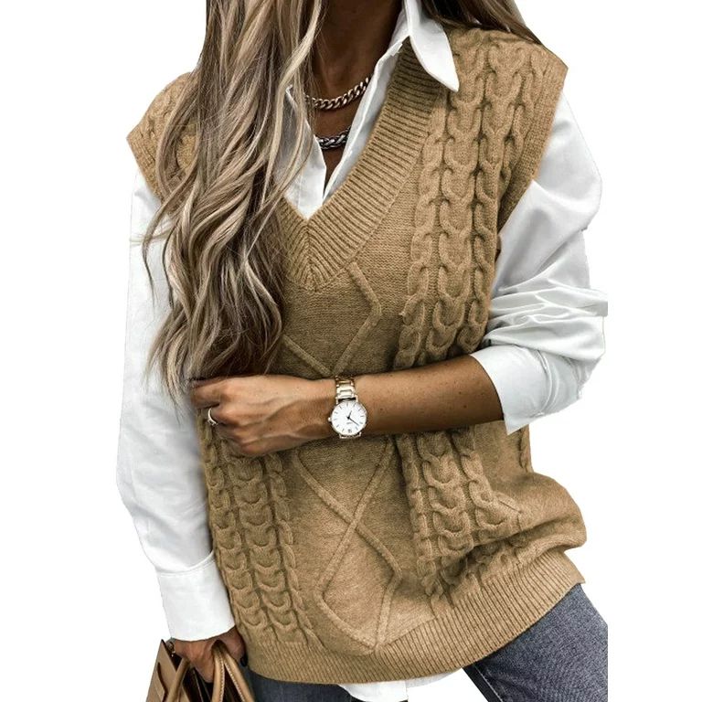 Dokotoo Womens Khaki Sleeveless Knitted Sweater Vest Cable Knit Pullover Tops, Us 12-14(L) | Walmart (US)