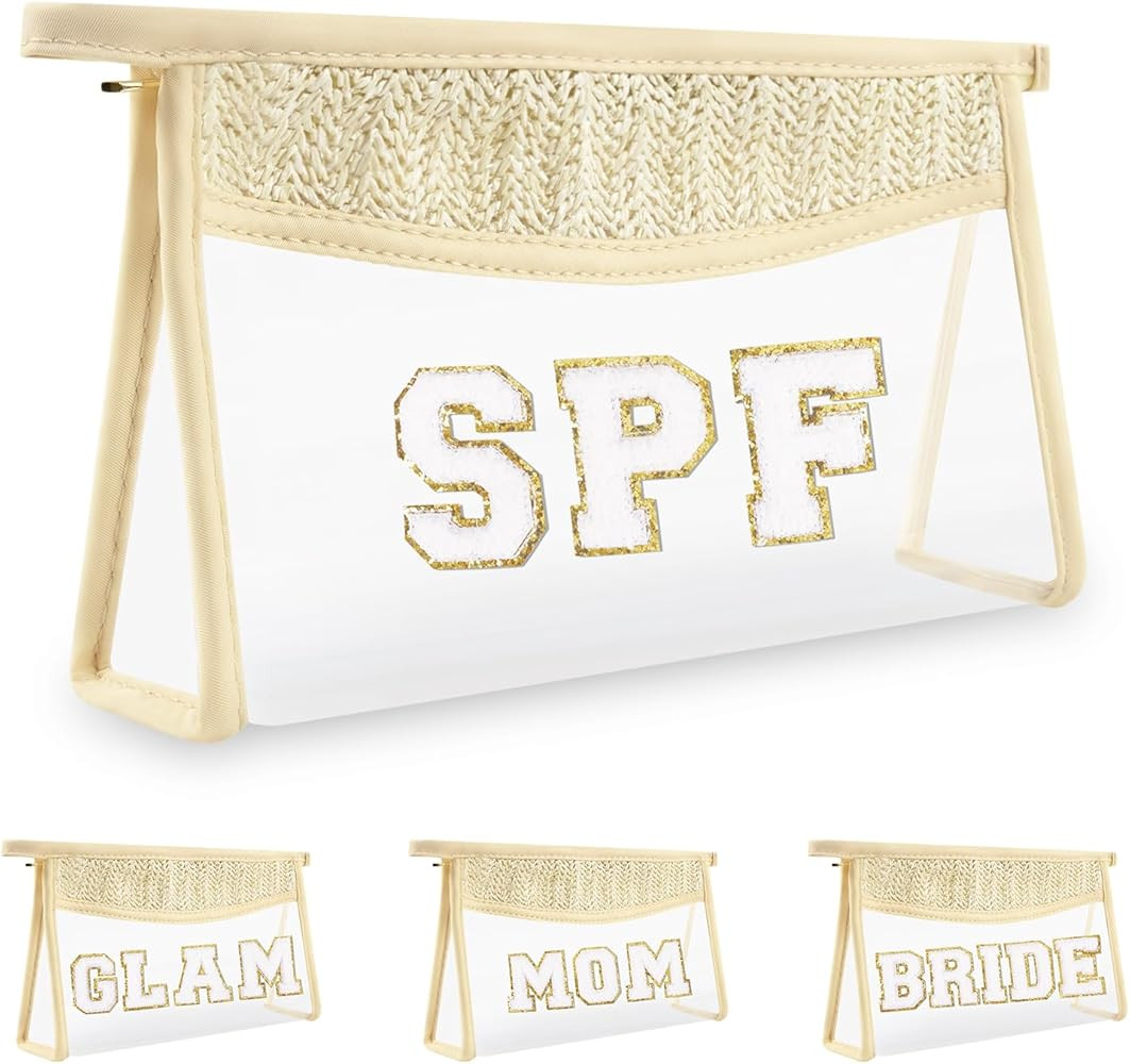 Iqimott Boho Patch SPF Bag Clear Makeup Letter Bag, Waterproof Zipper Make up Bags Toiletry Pouch... | Amazon (US)