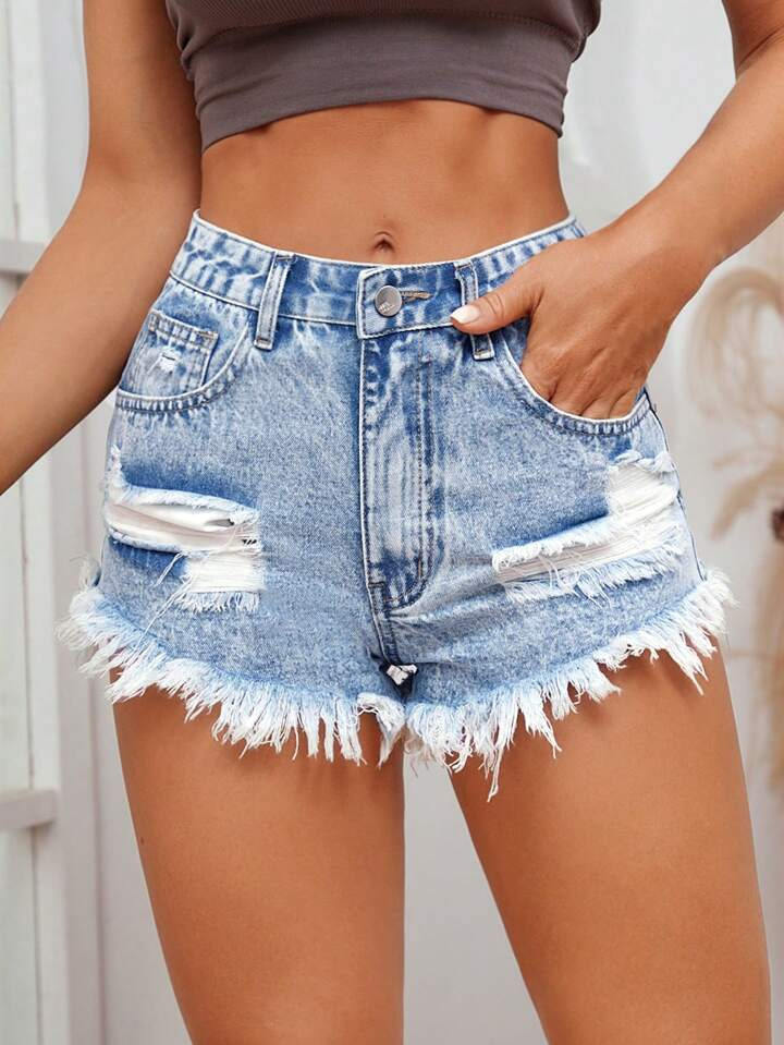 SHEIN PETITE Women Distressed Frayed Edge Summer Spring Casual Denim Shorts | SHEIN