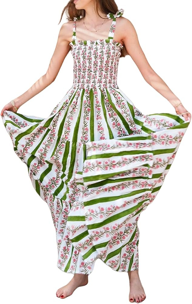 Seyumixi Women Tie Shoulder Ruffle Maxi Dress Sleeveless Square Neck Smocked Flowy Long Dress Boh... | Amazon (US)