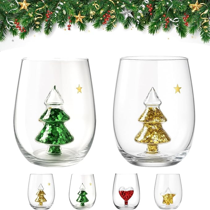 Yuletide Crystal Stemless Wine Glass, Christmas Glasses Drinkware, 3d Wine Glass Cup with Christm... | Amazon (US)