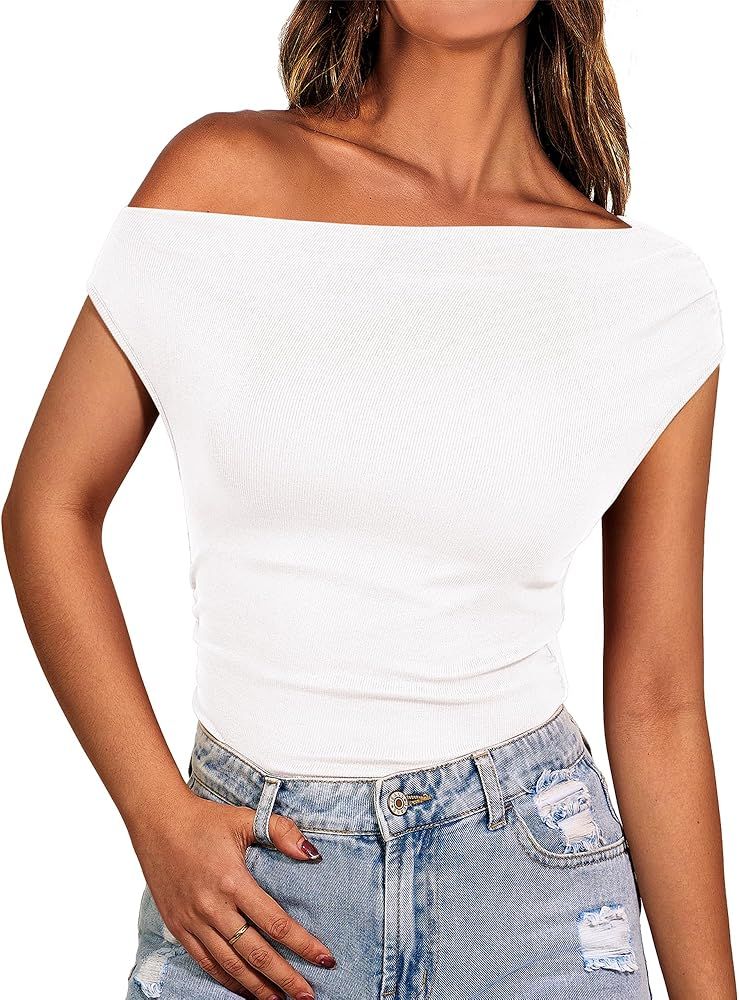 BTFBM Women Off The Shoulder Tops Boat Neck Sleeveless Ruched Ribbed Shirt Slim Fitted Y2K Going ... | Amazon (US)