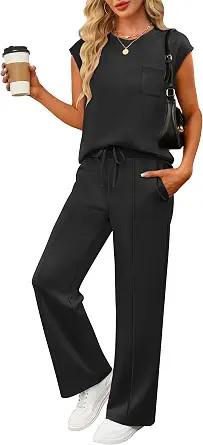 ANRABESS Women’s Two Piece Lounge Sets, Cap Sleeve Top&Wide Leg Pants with Pockets, Summer Casu... | Amazon (US)