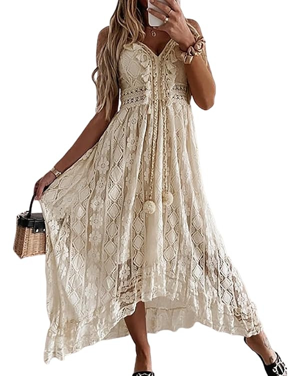 CUPSHE Maxi Summer Dress for Women Lace V Neck Sleeveless Sundress Boho Crochet Tassel Flowy Beac... | Amazon (US)