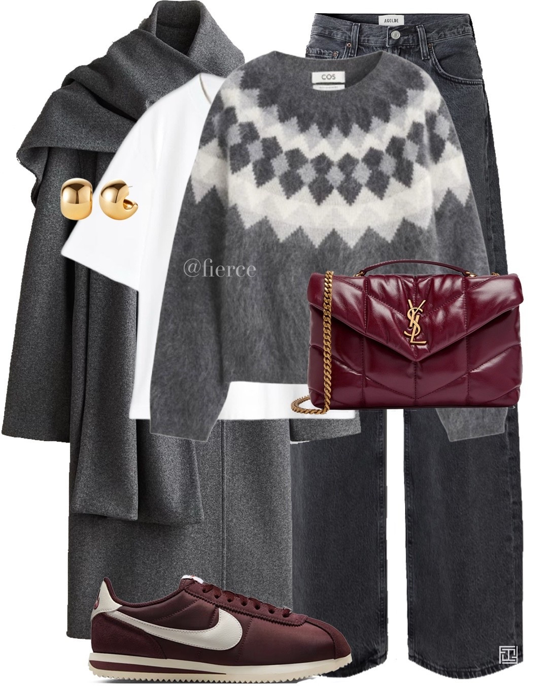 Fair isle grey jumper grey jeans burgundy Nike Cortez burgundy Ysl padded bag grey scarf coat casual chic outfit weekend holiday 

#LTKeurope #LTKuk #LTKwinter