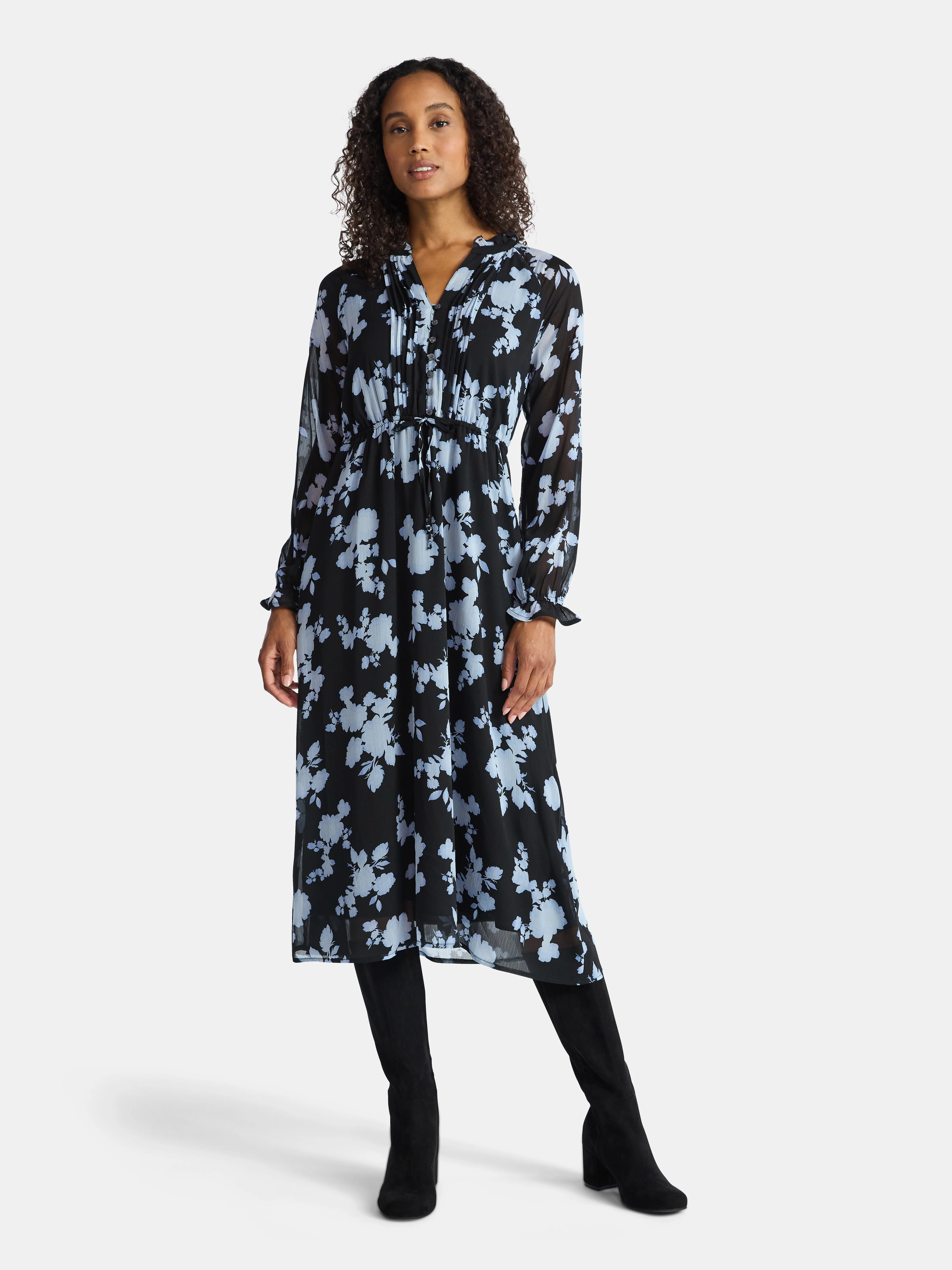 Time and Tru Women's Pintuck Midi Dress with Long Sleeves, Sizes XS-XXXL | Walmart (US)