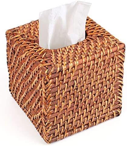 Woven Rattan Square Tissue Box Holder for Kitchen, Bathroom, Car | Decorative Wicker Refillable F... | Amazon (US)