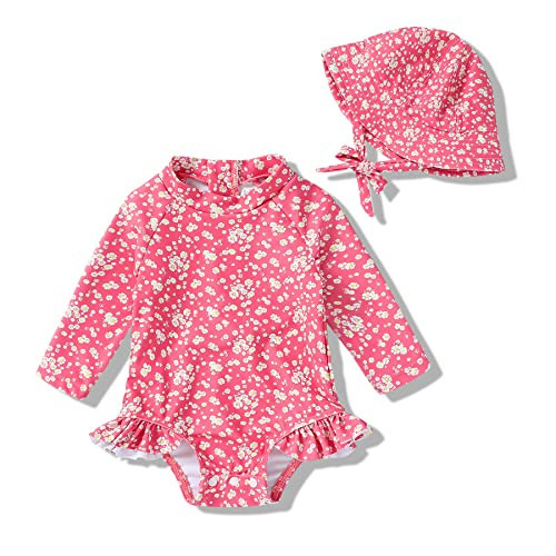 Infant Baby Girl Swimsuit One-Piece Long Sleeve Rash Guard with Hat Set Floral Zipper Bathing Suit Leopard Beach Wear(0-3 Months, Flower#1) | Amazon (US)