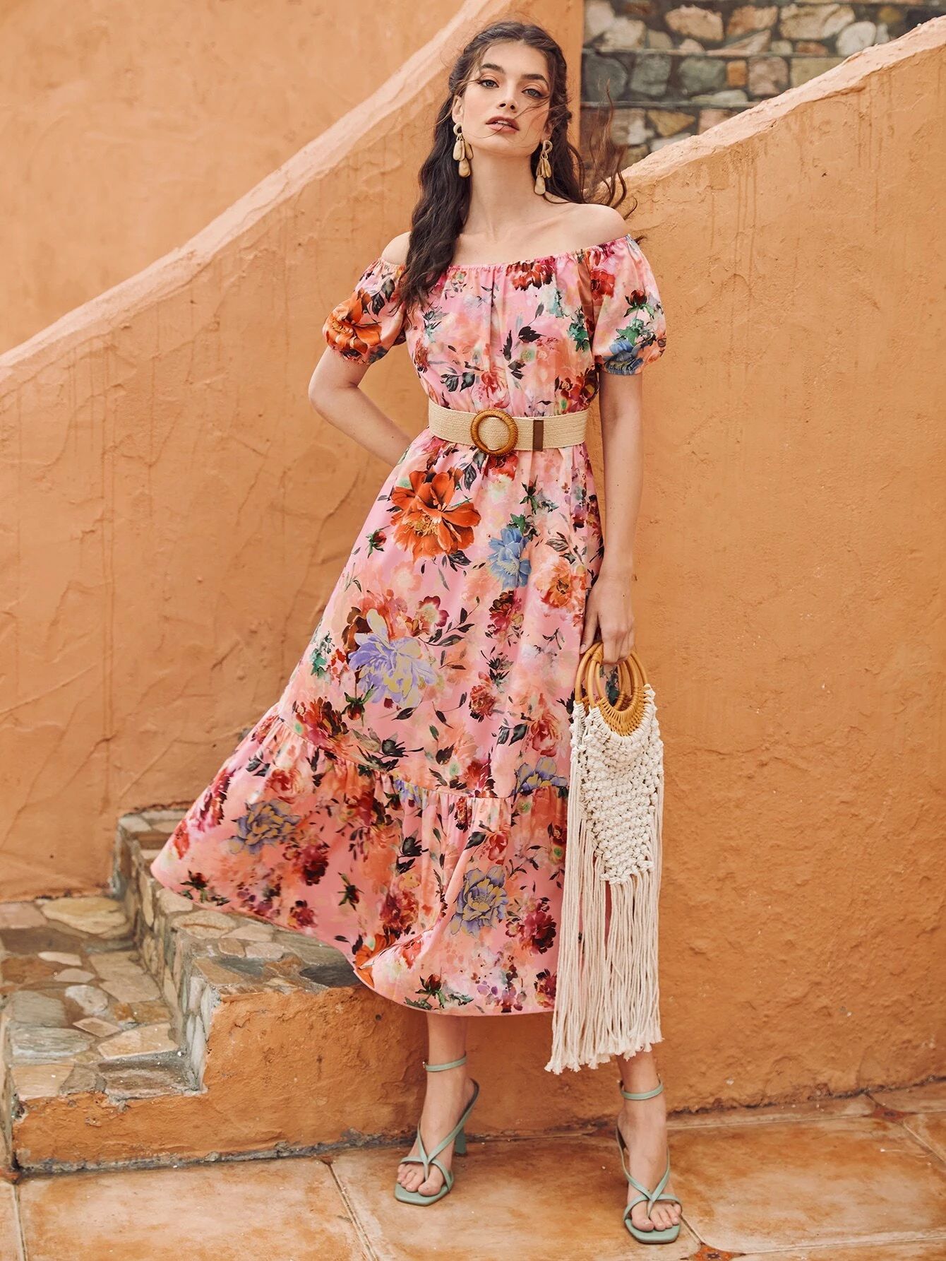 All Over Floral Print Ruffle Hem Off The Shoulder Dress Without Belt | SHEIN