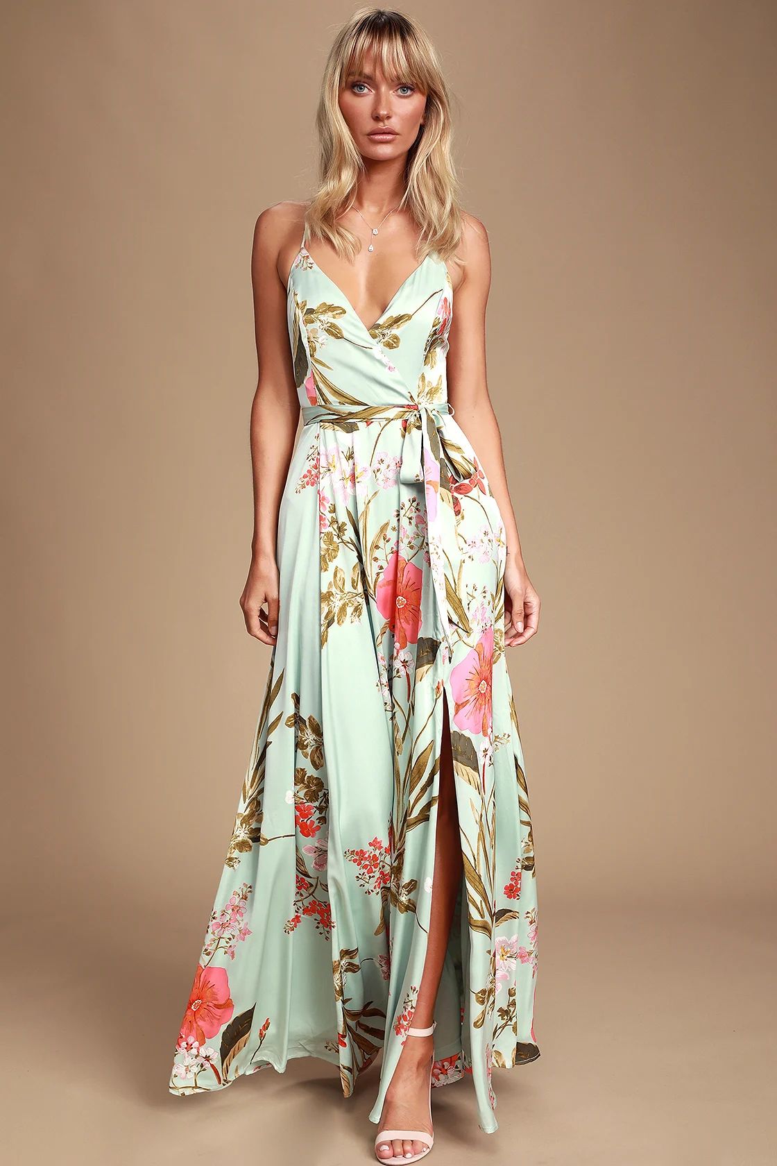Still the One Sage Green Floral Print Satin Maxi Dress | Lulus