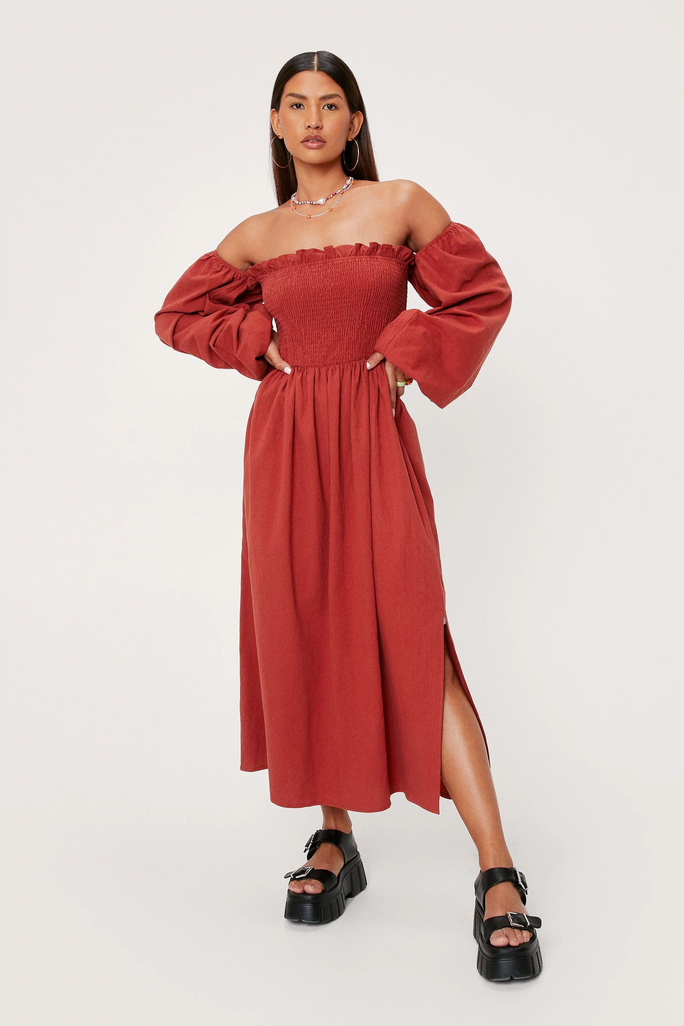 Puff Sleeve Linen Look Midi Smock Dress | Nasty Gal (US)