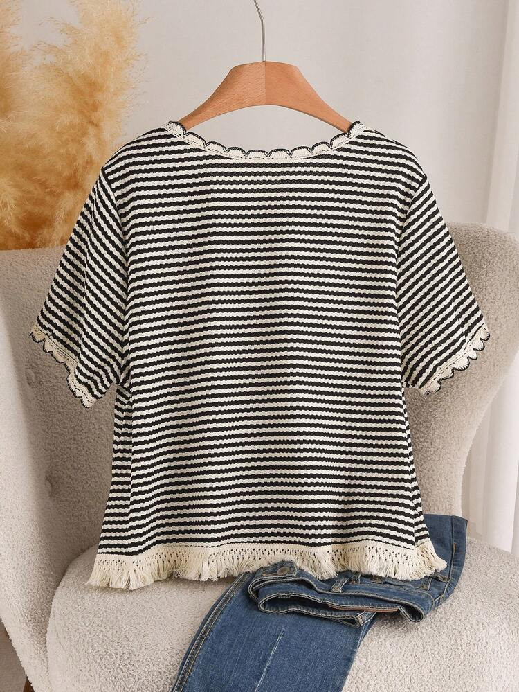 CosyJoli Plus Size Women's Casual Striped Loose Fit Round Neck T-Shirt,Slightly Sheer, Versatile ... | SHEIN