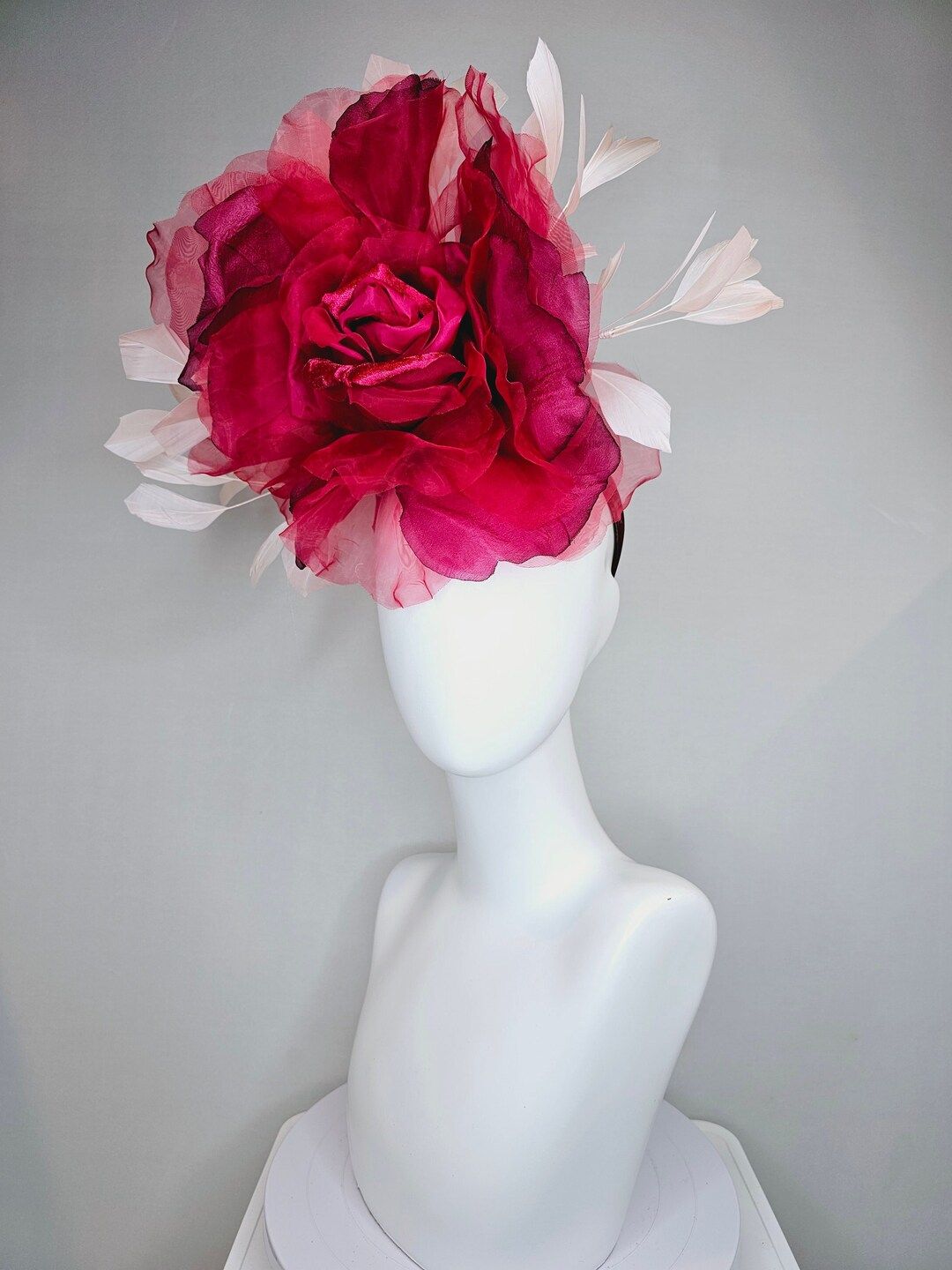 Kentucky Derby Hat Fascinator Large Red Scarlet Romantic Maroon Wine Organza Velvet Rose Flower a... | Etsy (US)