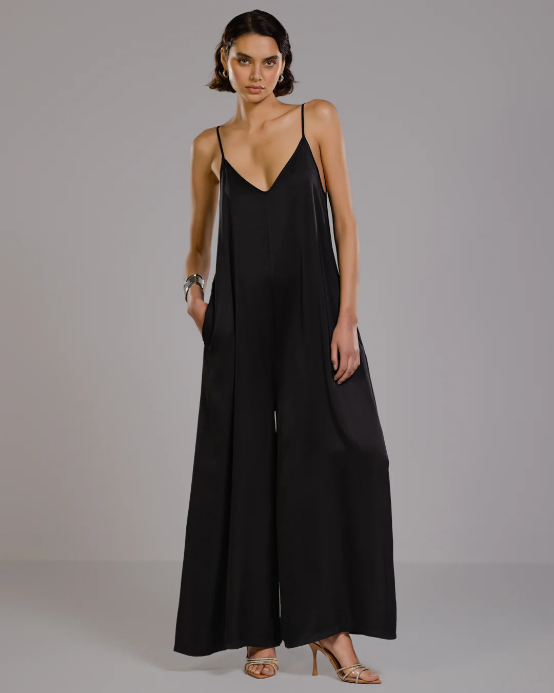 Audrey Satin Jumpsuit | Black | JAKI