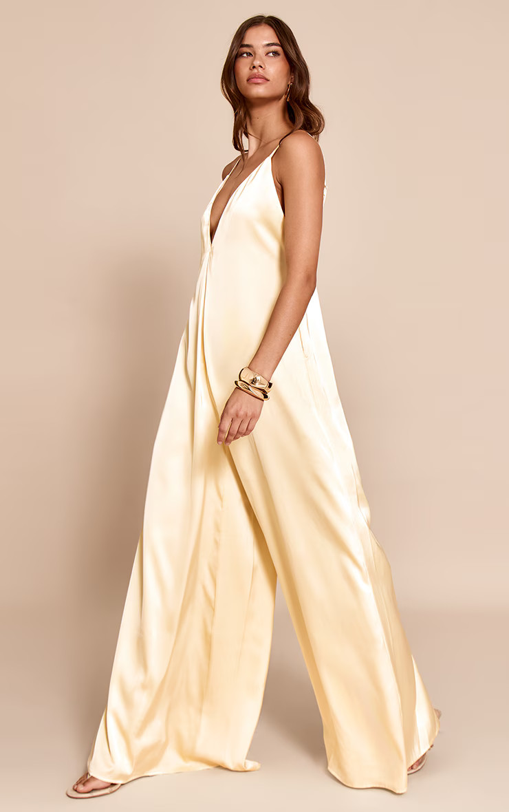Butter Yellow Satin V Neck Wide Leg Jumpsuit | Dresses | PrettyLittleThing UK