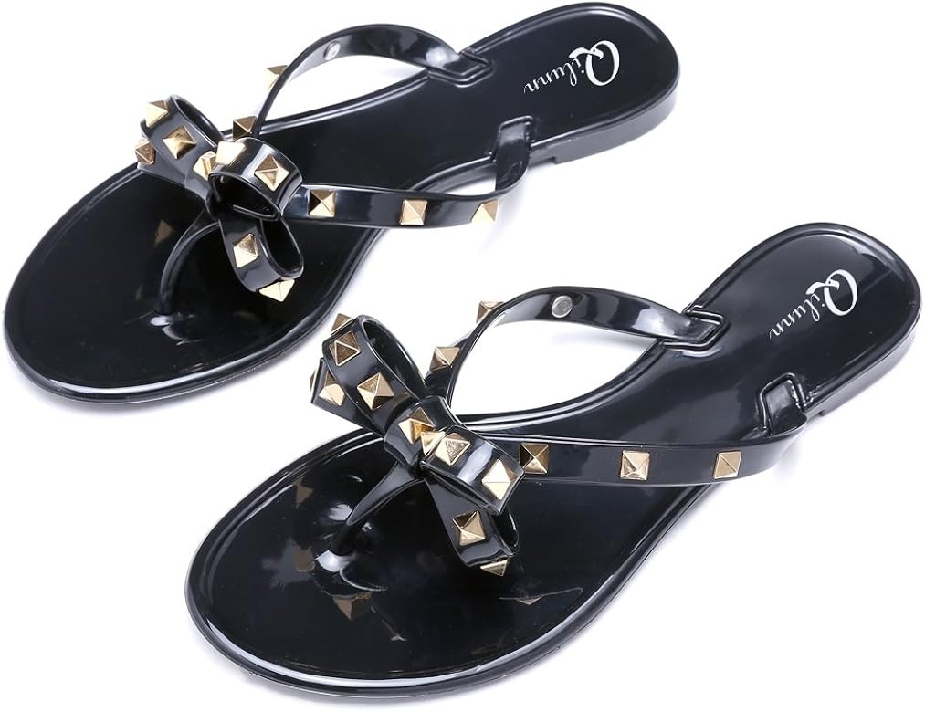 Women Studded Bow Flip Flops Jelly Thong Sandals Rubber Flat Summer Beach Rain Shoes | Amazon (US)