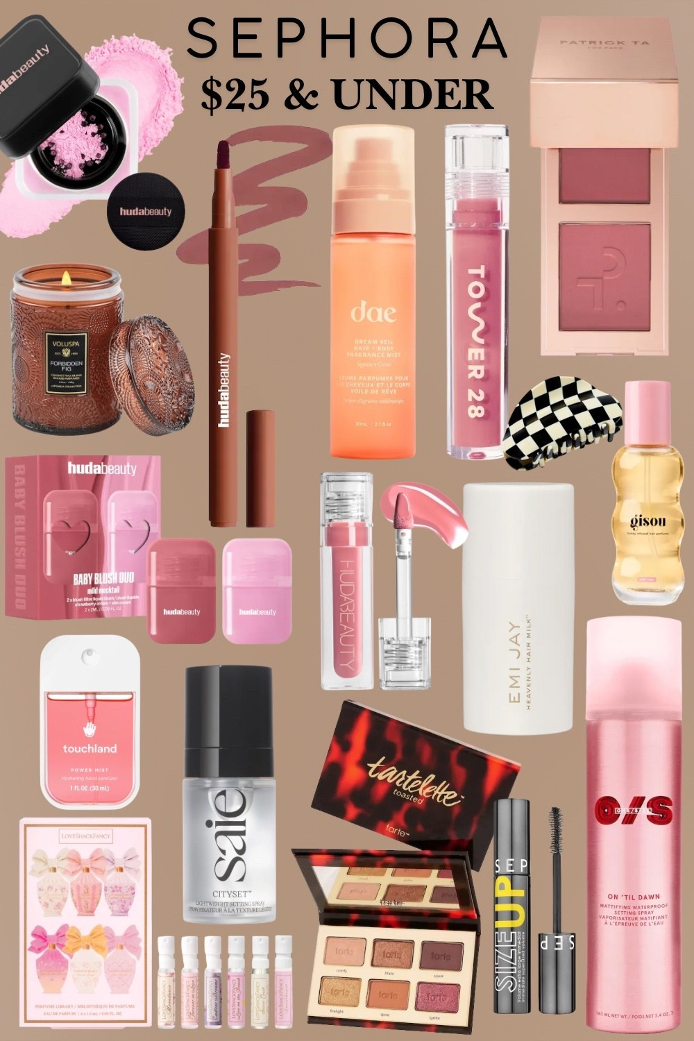 Sephora finds $25 and under that are actually WORTH IT and I promise there is no filler in this collage — only the real ones!! 💄🌸 


Here’s the full lineup:
🖤 Huda Beauty loose powder — that pink!!
💋 Huda Beauty lip liner — the most gorgeous brown nude
🍊 Dae dream sea hair fragrance mist
🩷 Tower 28 lip gloss — the most wearable pink
🩷 Patrick Ta blush duo — SO worth it
🩷 Huda Beauty baby blush duo
💄 Huda Beauty mini lip set
💋 Huda Beauty lip gloss
🕯️ Voluspa Forbidden Fig candle — obsessed!!
🤍 Emi Jay Heavenly Hair Milk
💛 Gisou honey infused hair oil mini
🩷 Touchland Power Mist — rose scent
🖤 Saie Cityset setting spray
🎨 Tarte Tartelette Toasted eyeshadow palette
💄 Tarte Size Up mascara
💗 CVS On Til Dawn setting spray
🌸 Luvdbrand perfume sampler set
🖤 Checkered black and white hair clip


Under $25 has never looked this good!! Everything is linked in my LTK - tap to SHOP! 🛒💕




#sephora #sephorafinds #sephorahaul #sephoradeals #sephoraunder25 #beautyunder25 #affordablebeauty #beautyfinds #beautyfavorites #sephorafavorites #sephoramusthaves #hudabeauty #hudabeautylipliner #hudabeautyblush #tower28 #tower28lipgloss #patrickta #patrickTablush #tartecosmetics #tartelette #tartelettetoasted #tartemascara #saie #saiesetting spray #daehair #daehairf ragrance #emijay #heavenlyhairm ilk #gisou #gisouhairoil #voluspa #voluspac andle #touchland #touchlandpowermist #cvssetting spray #luvdbrand #perfumesampler #checkeredhaircl ip #beautyhaul #makeuphaul #makeupfinds #skincarefinds #beautytok #makeuptok #grwm #getreadywithme #makeuproutine #beautyrou tine #over40beauty #over40skin #over40makeup #antiaging #glowingskin #dewyskin #summermakeup #summerbeauty #LTKbeauty #LTKOver40 #LTKSeasonal #LTKFindsUnder50 #LTKselfcare #LTKgrwm #LTKGiftGuide

#LTKOver40 #LTKBeauty #LTKmorningroutine