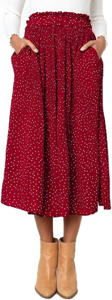 EXLURA Womens High Waist Polka Dot Pleated Skirt Midi Swing Skirt with Pockets | Amazon (US)