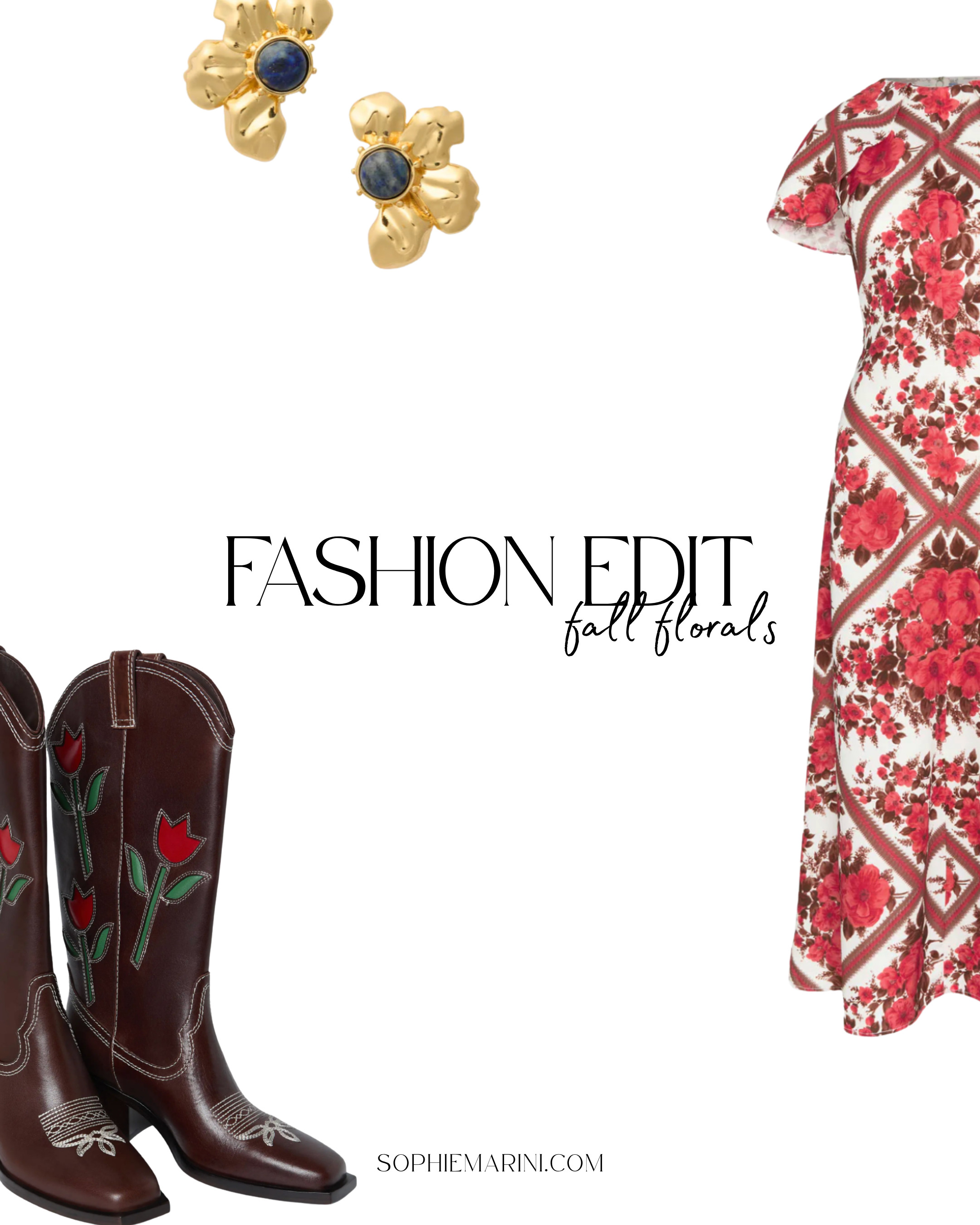 Fashion edit: fall florals 
[Hill House Home, floral dress, Loeffler Randall, Western Boot, brown and cream floral, intarsia wool, Silk Cashmere Blend Large Scarf, Doen dress, Lace-Trim V-Neck Crepe Maxi Dress, Black Floral Botanical low back midi dress 
 

 #LTKSeasonal