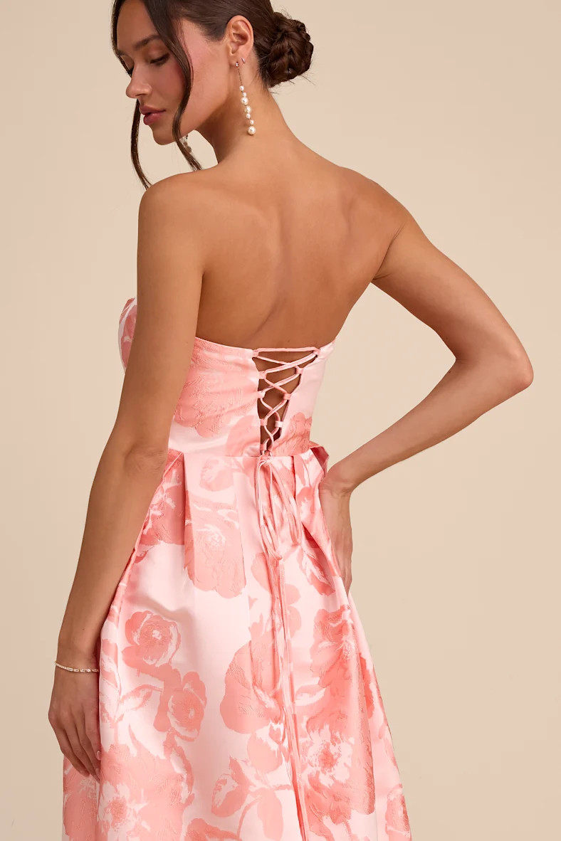 Laurelin Blush Floral Jacquard Pleated Strapless Maxi Dress | Lulus