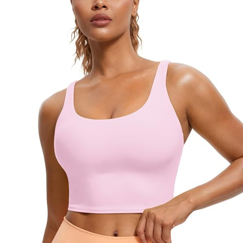 CRZ YOGA Womens Butterluxe Strappy Longline Sports Bra - Padded Criss Cross Yoga Bra Workout Crop Tank Tops Pink Peony Large | Amazon (US)