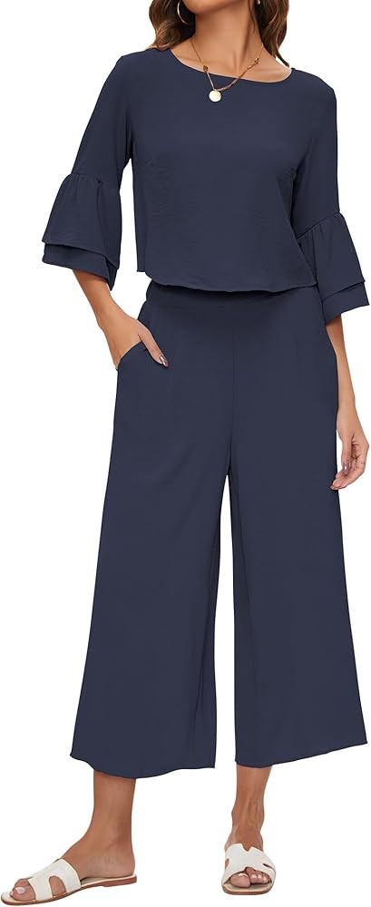 ROYLAMP Women's Summer 2 Piece Outfits Bell Sleeve Round Neck Crop Top Wide Leg Pants Set Matchin... | Amazon (US)