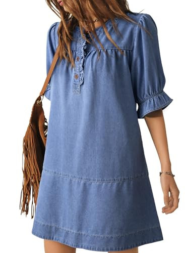 Dokotoo Women's Denim Dress Casaul Crewneck Loose Fit Mini Jean Dress Button Down A-Line Short Dresses Trendy Babydoll Flowy Jean Dress Light Blue Large | Amazon (US)