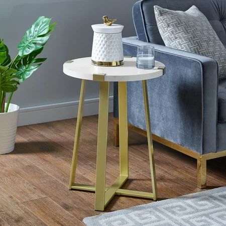Round White Faux Marble and Gold End Table by Manor Park | Walmart (US)