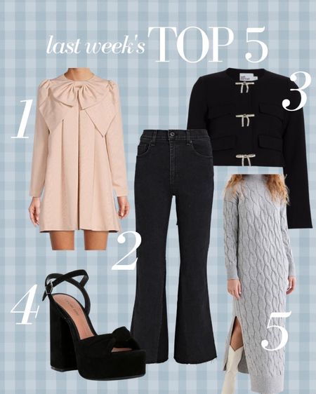 Last Week’s Top 5 best sellers! A precious dress for holiday parties, weddings and more, the most flattering pair of black jeans with a chic cropped jacket, comfortable workhorse black sandals for fall and a cozy grey sweater dress!

#LTKstyletip #LTKtravel #LTKwedding