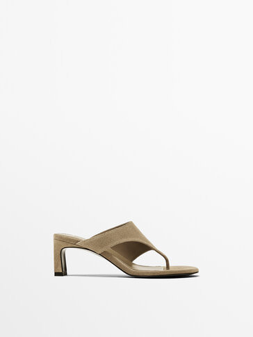 Split leather heeled sandals | Massimo Dutti US