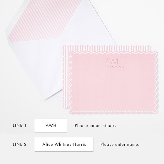 Scalloped Personalized Stationery Note Card Set, Set of 24, Solid, Blush | Mark and Graham