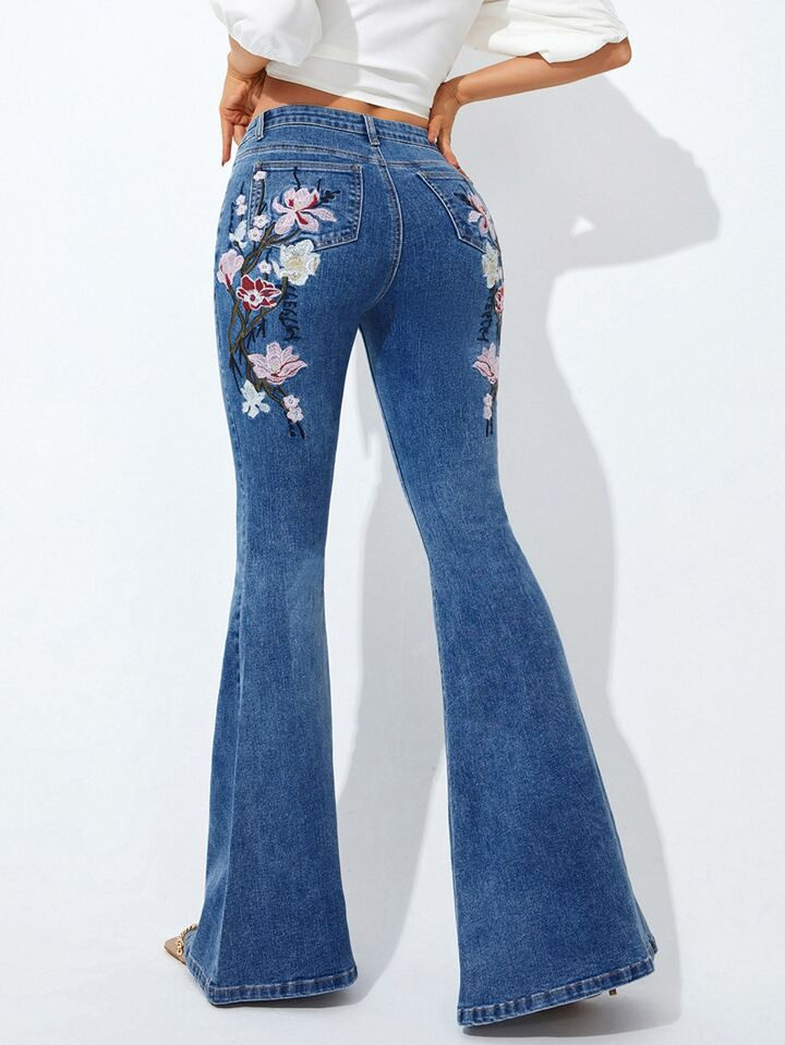 EMERY ROSE Floral Embroidery Flare Leg Jeans | SHEIN