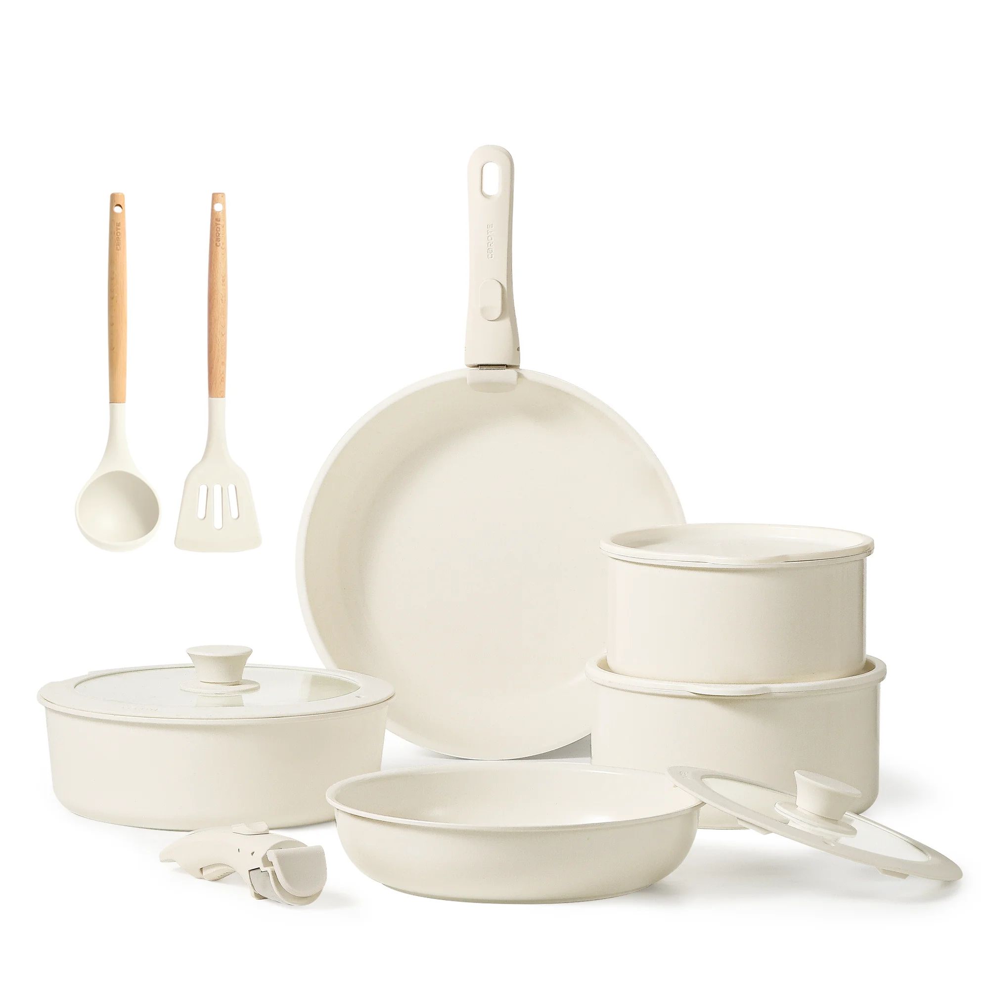 CAROTE 13-Piece Ceramic Cookware Set, Detachable Handle Pots and Pans Set, Oven Safe, Cream White | Walmart (US)