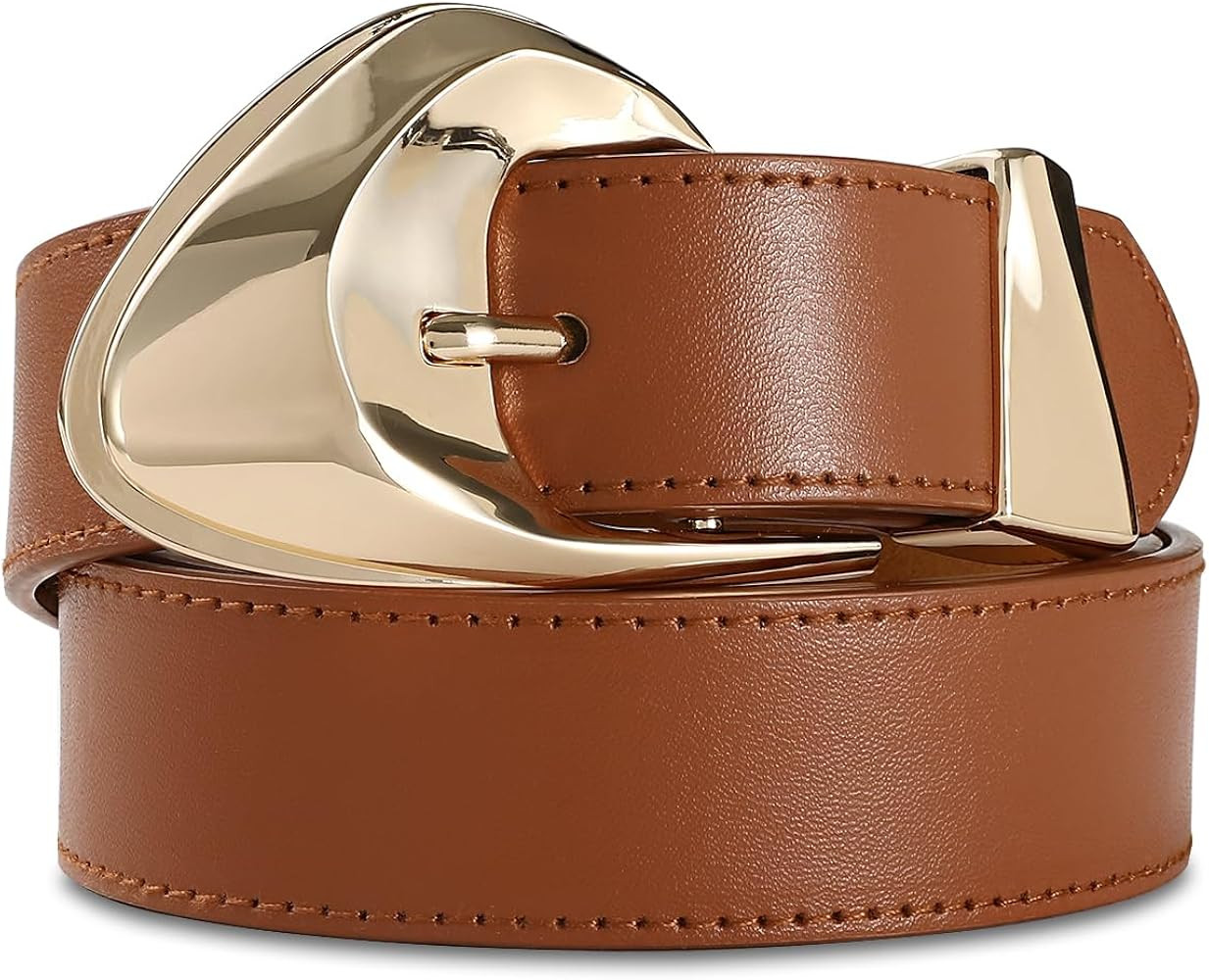 Brown Leather Belt for Women Casual Fashion Belts with Stylish Gold Buckle for Jeans Dresses | Amazon (US)